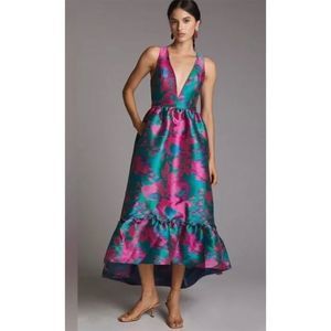 Anthropologie Hutch Jacquard High-Low Midi Dress Green/Pink Size 2